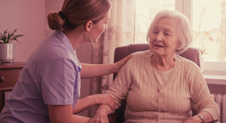 Woman with mobility getting help out of chair