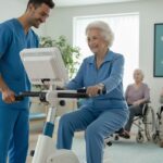 elderly woman using active passive therapy cycle trainer
