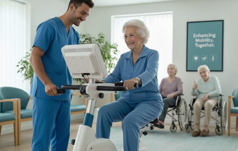 elderly woman using active passive therapy cycle trainer