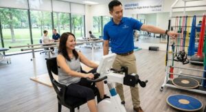 Clinic Rehab therapist with recovering patient