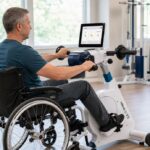 Patient in wheelchair using medup for Active Passive Cycle Therapy