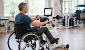 Patient in wheelchair using medup for Active Passive Cycle Therapy