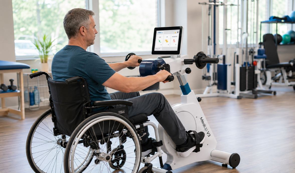 Patient in wheelchair using medup for Active Passive Cycle Therapy