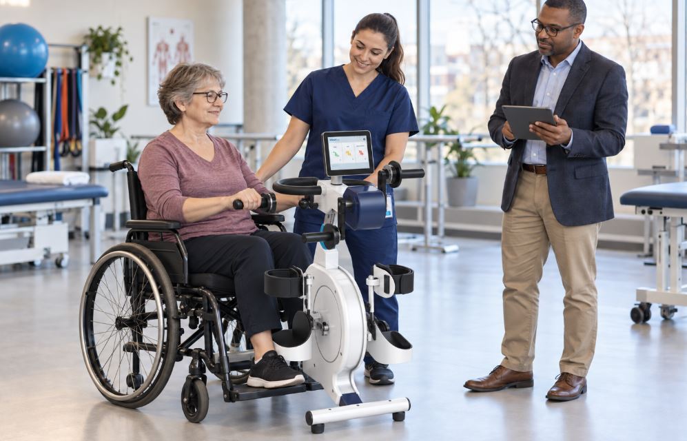 Healthcare team evaluating a MedUp V3 active-passive cycle trainer