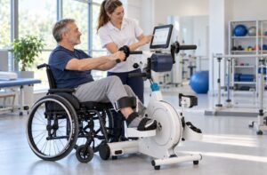 Wheelchair user completing lower-limb rehabilitation with a MedUp V3 cycle trainer